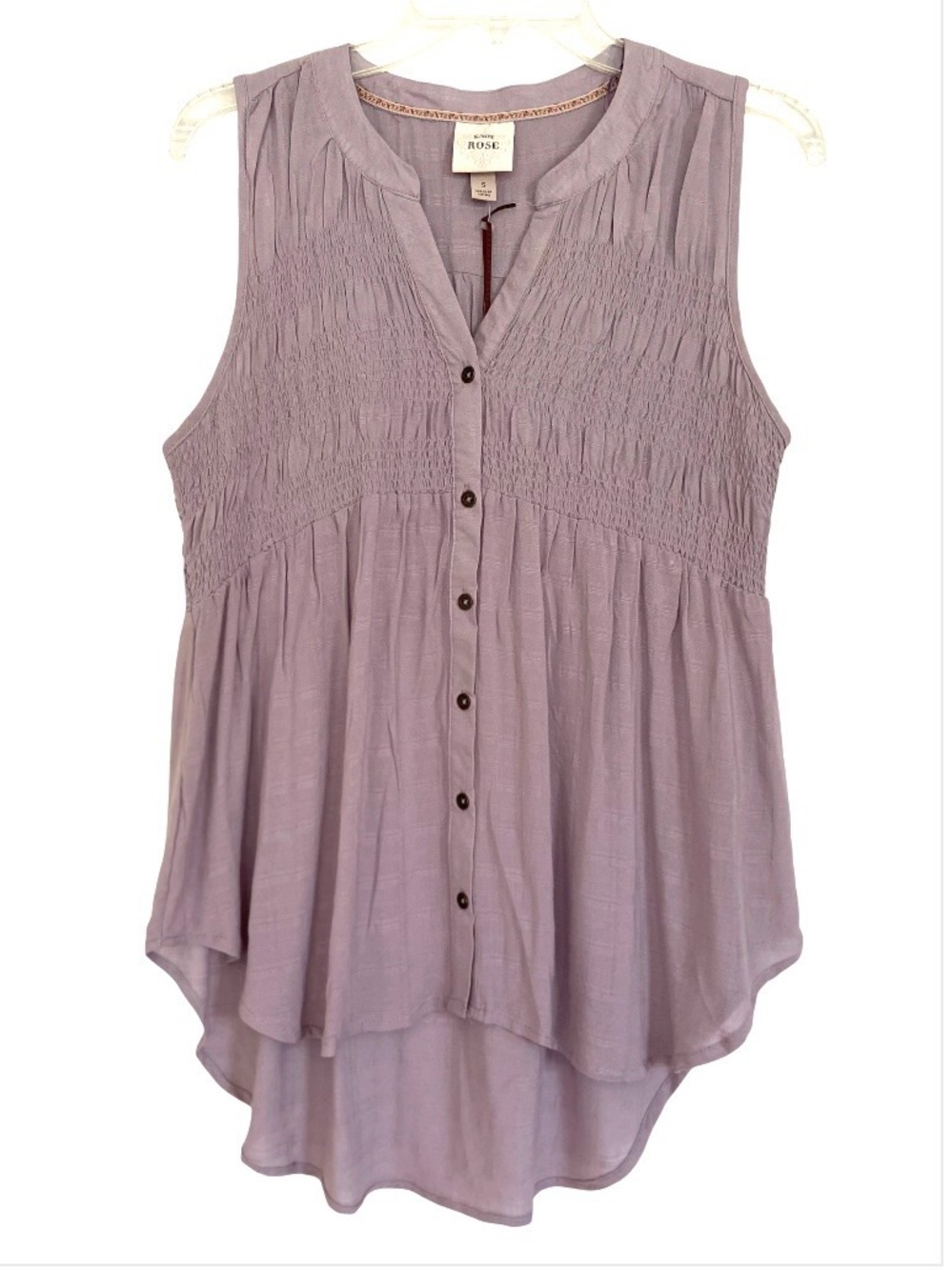 Knox Rose Lavender Smocked Sleeveless Button Up High Low Blouse Top, Size S